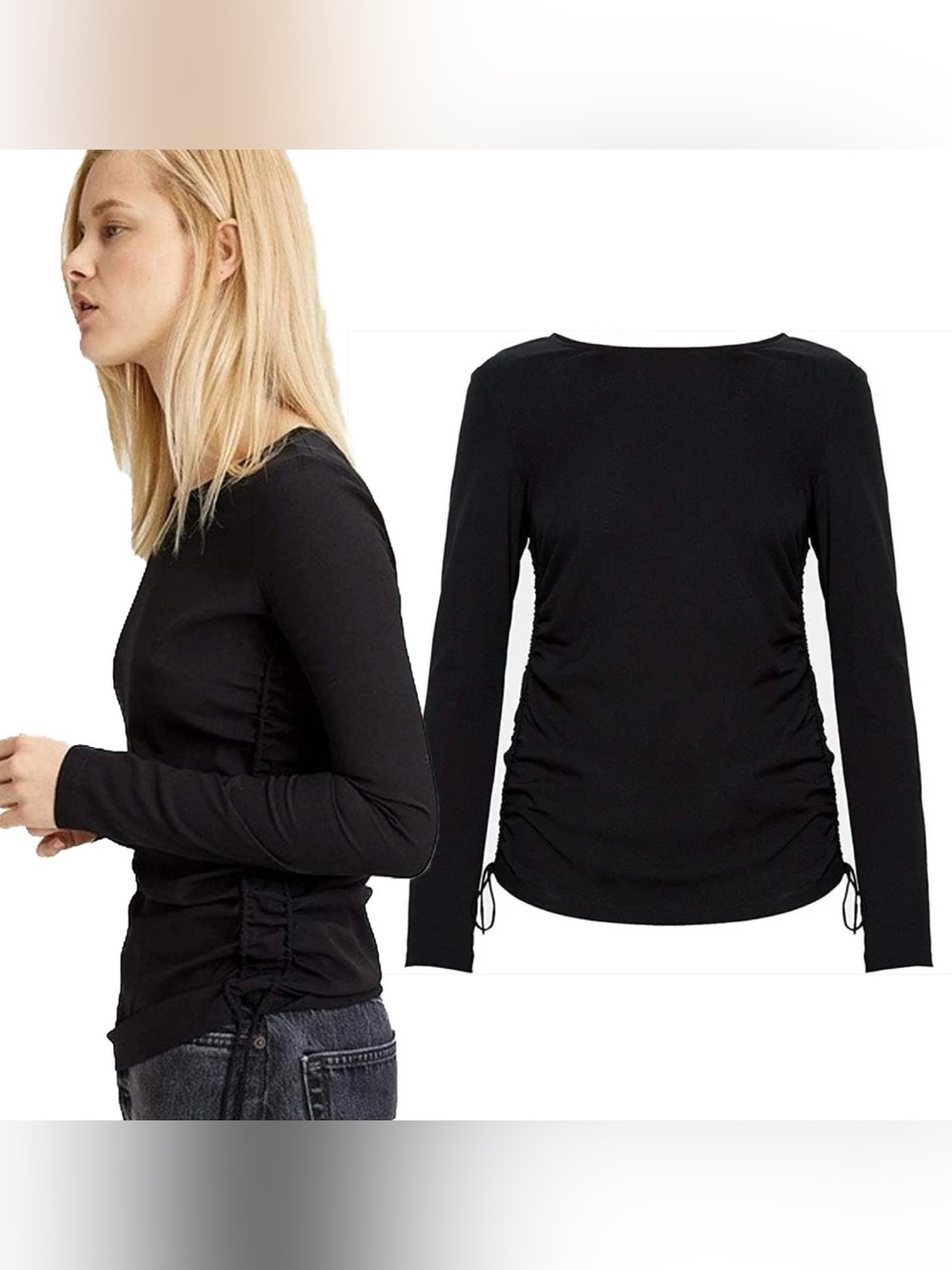 Theory Silk Crepe Blend Ruched Side Long Sleeve in Black